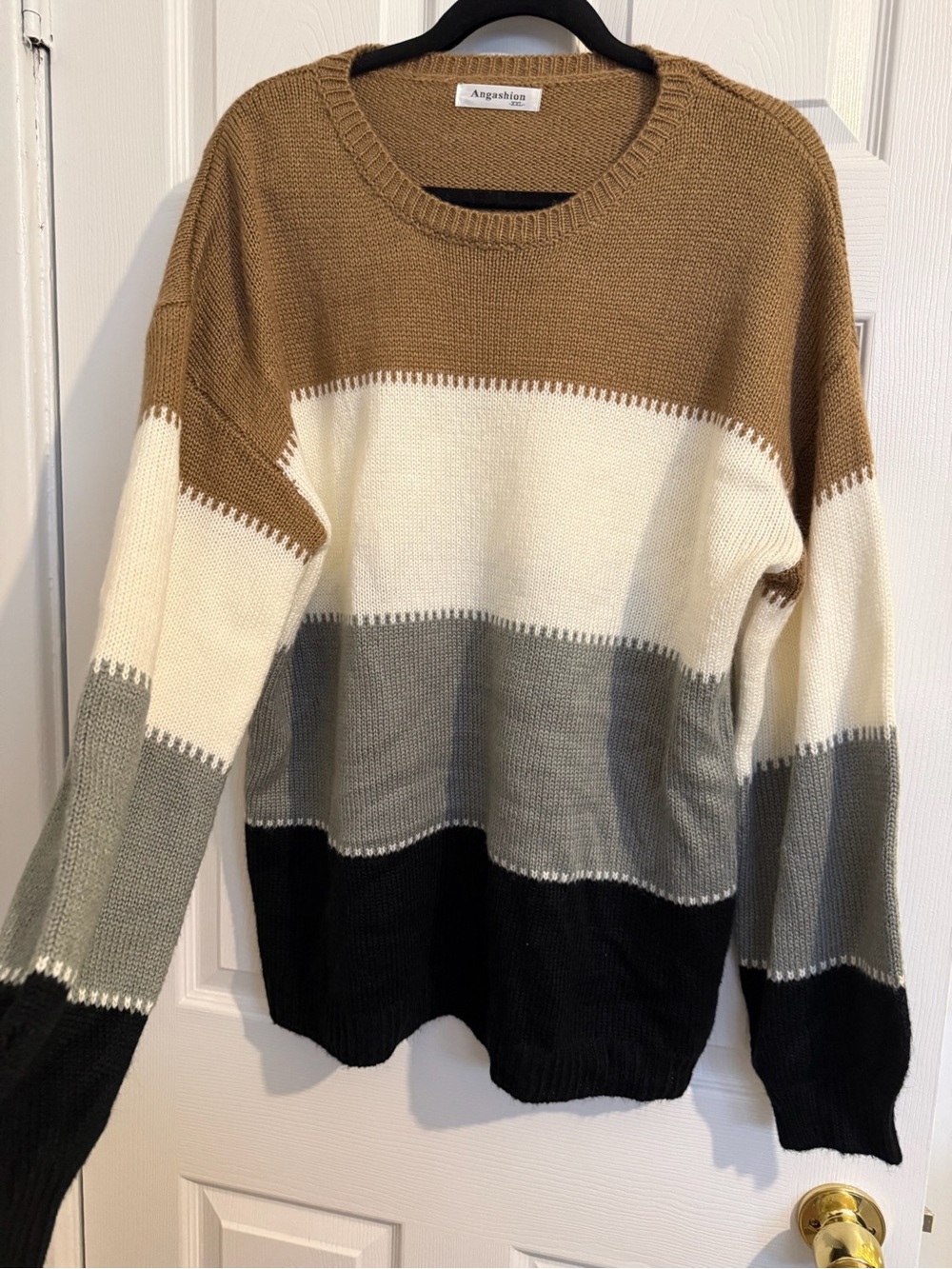 Angashion Colorblock Crewneck Sweater in Tan, Cream, Gray & Black